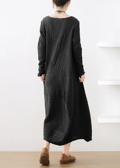 Crumpled Texture Round Neck Long Sleeve Pocket Maxi Dress