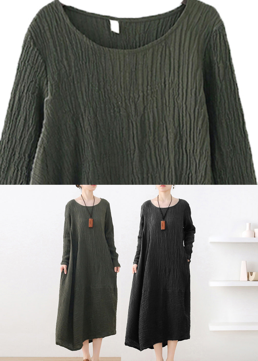 Crumpled Texture Round Neck Long Sleeve Pocket Maxi Dress