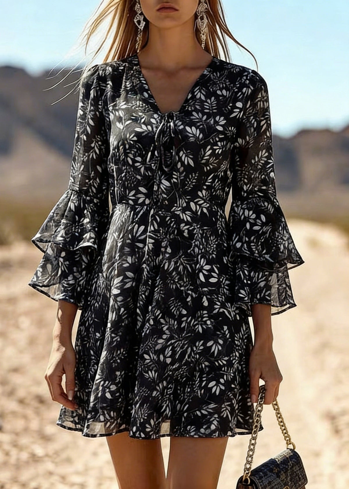 Deep V-Neck Tie-Front Leaf Print Tiered Bell Cuff Chiffon Mini Dress