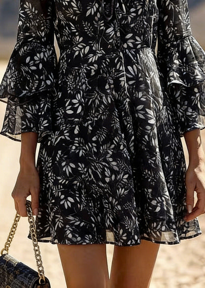 Deep V-Neck Tie-Front Leaf Print Tiered Bell Cuff Chiffon Mini Dress