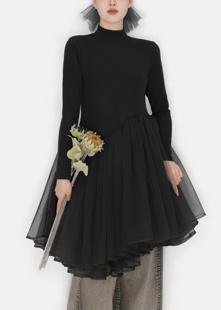 Mock Neck Long Sleeve Asymmetric Pleated Tulle Overlay Knit Mini Dress