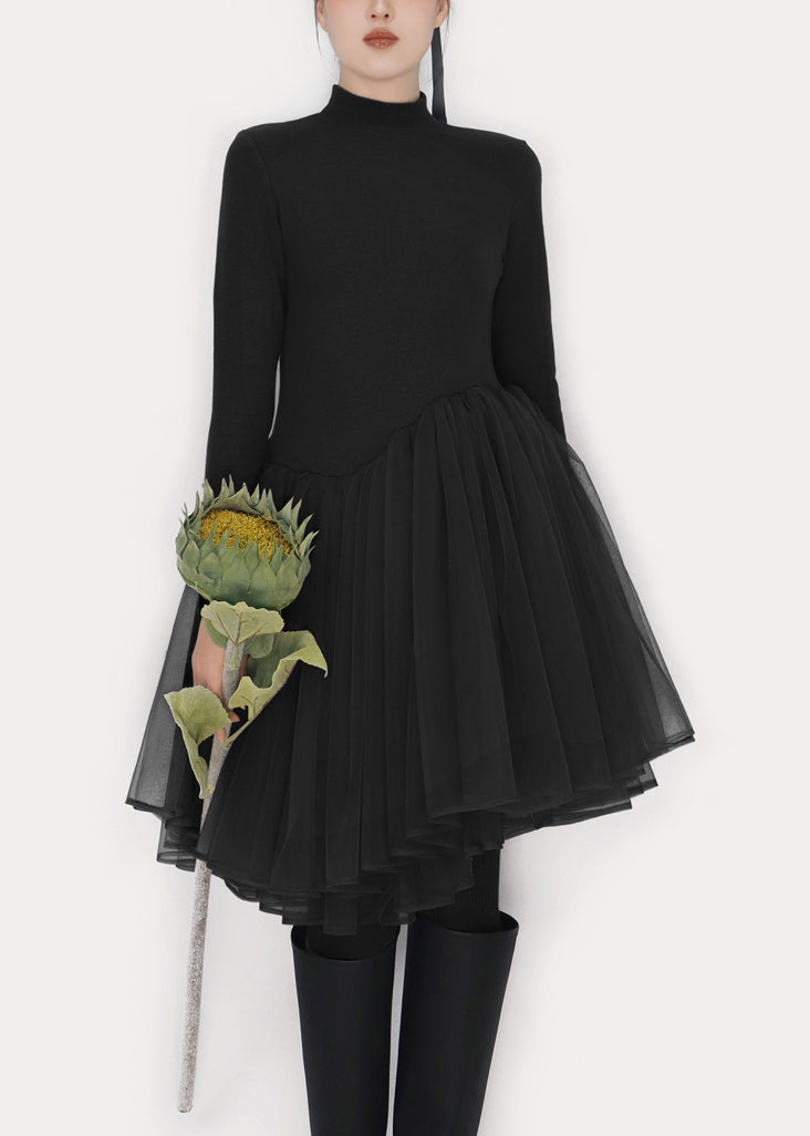 Mock Neck Long Sleeve Asymmetric Pleated Tulle Overlay Knit Mini Dress