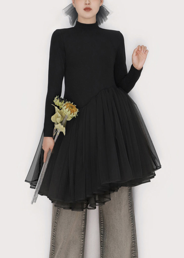 Mock Neck Long Sleeve Asymmetric Pleated Tulle Overlay Knit Mini Dress