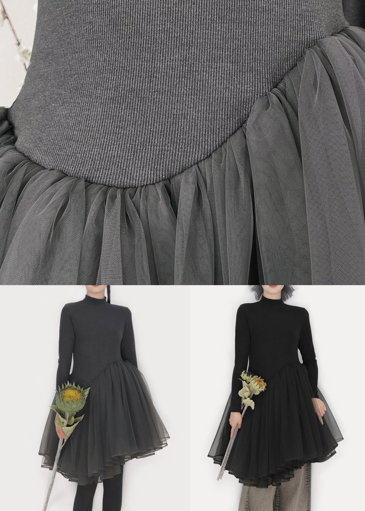Mock Neck Long Sleeve Asymmetric Pleated Tulle Overlay Knit Mini Dress