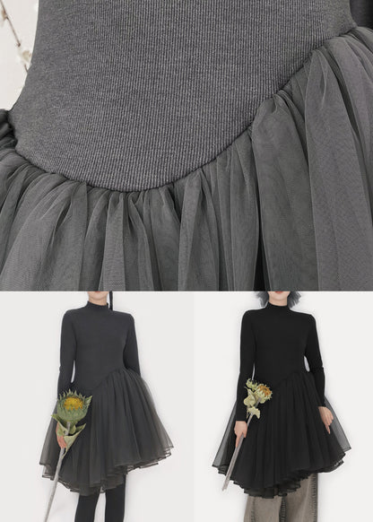 Mock Neck Long Sleeve Asymmetric Pleated Tulle Overlay Knit Mini Dress