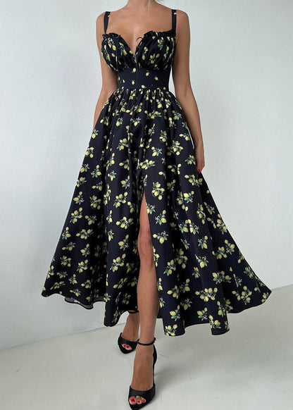 Corset Sweetheart Wide Strap Lemon Print Thigh Slit Maxi Gown