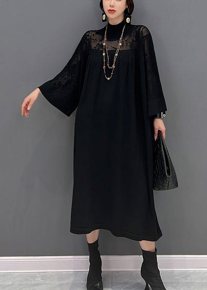 Mock Neck Lace Yoke Long Sleeve Oversized Midi Dress