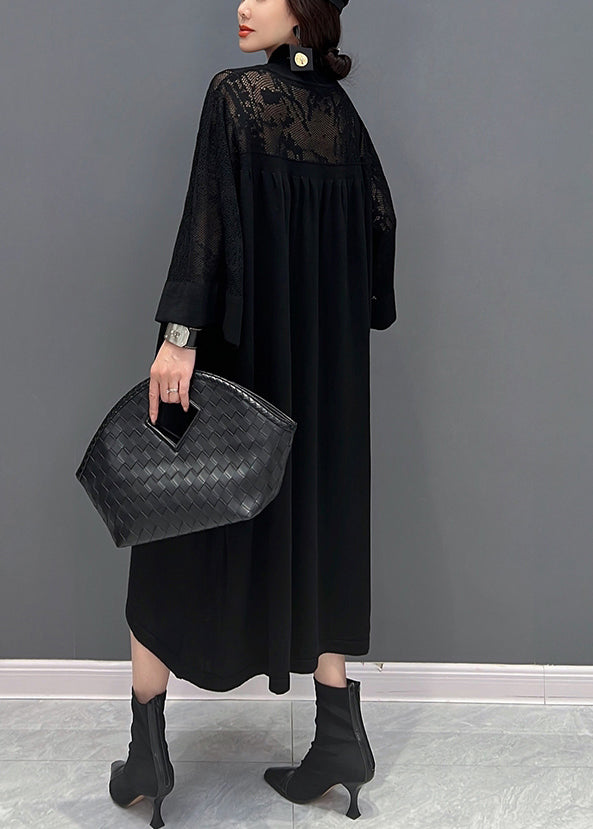 Mock Neck Lace Yoke Long Sleeve Oversized Midi Dress