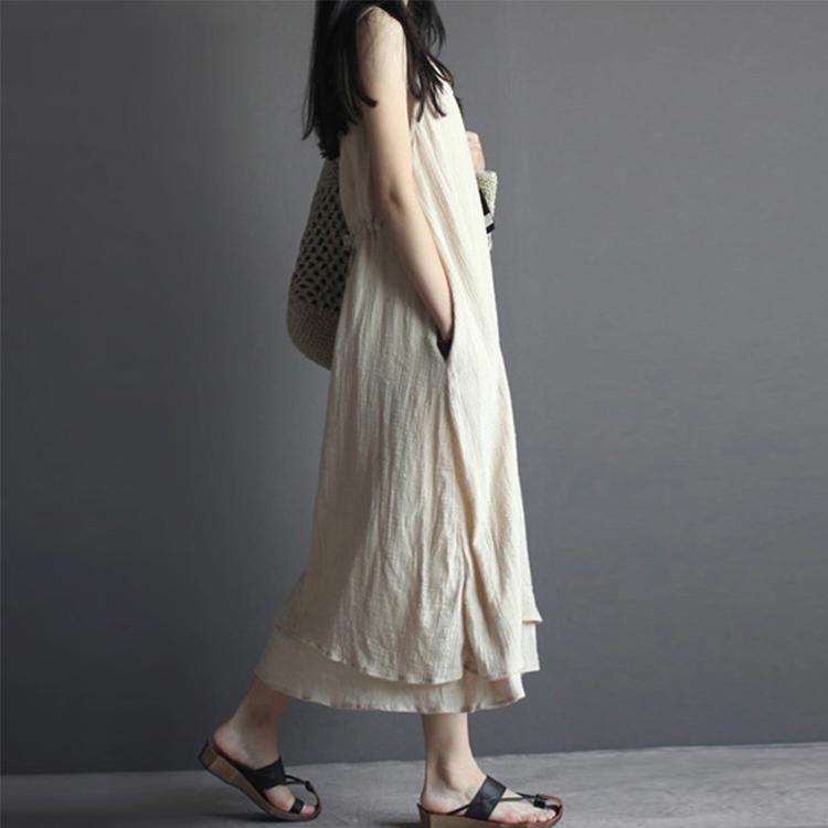 Scoop Neck Sleeveless Crinkle Gauze Double Layer Hem Midi Dress