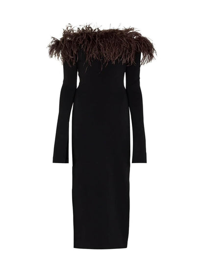 Off Shoulder Feather Trim Split Cuff Bandage Midi Dress