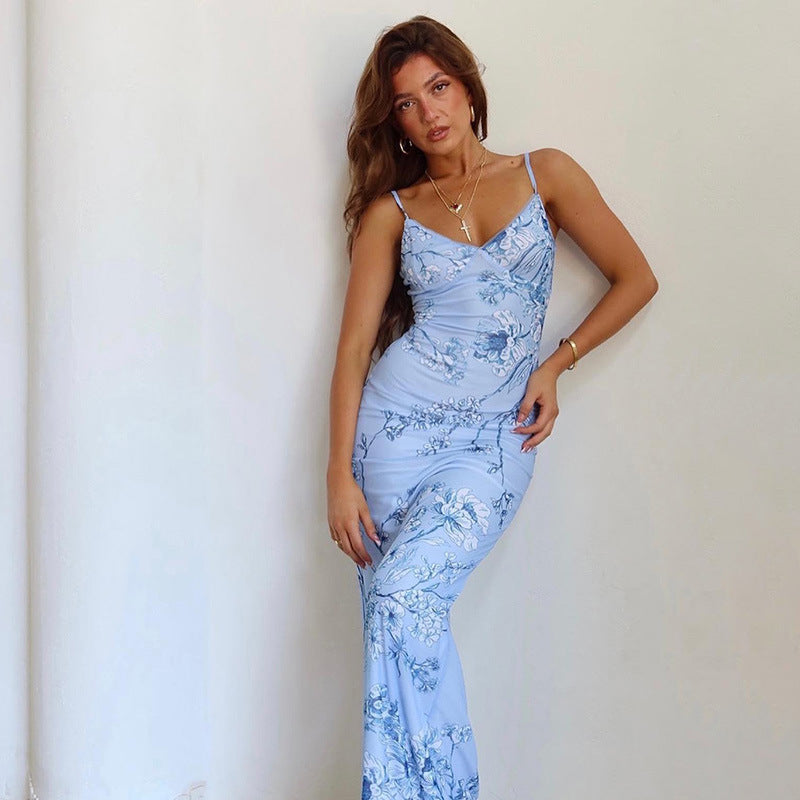 Spaghetti Strap Lace Trim Blossom Floral Print Satin Slip Maxi Dress