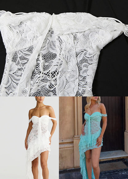 Off-Shoulder Sweetheart Lace Tie High-Low Tiered Gown