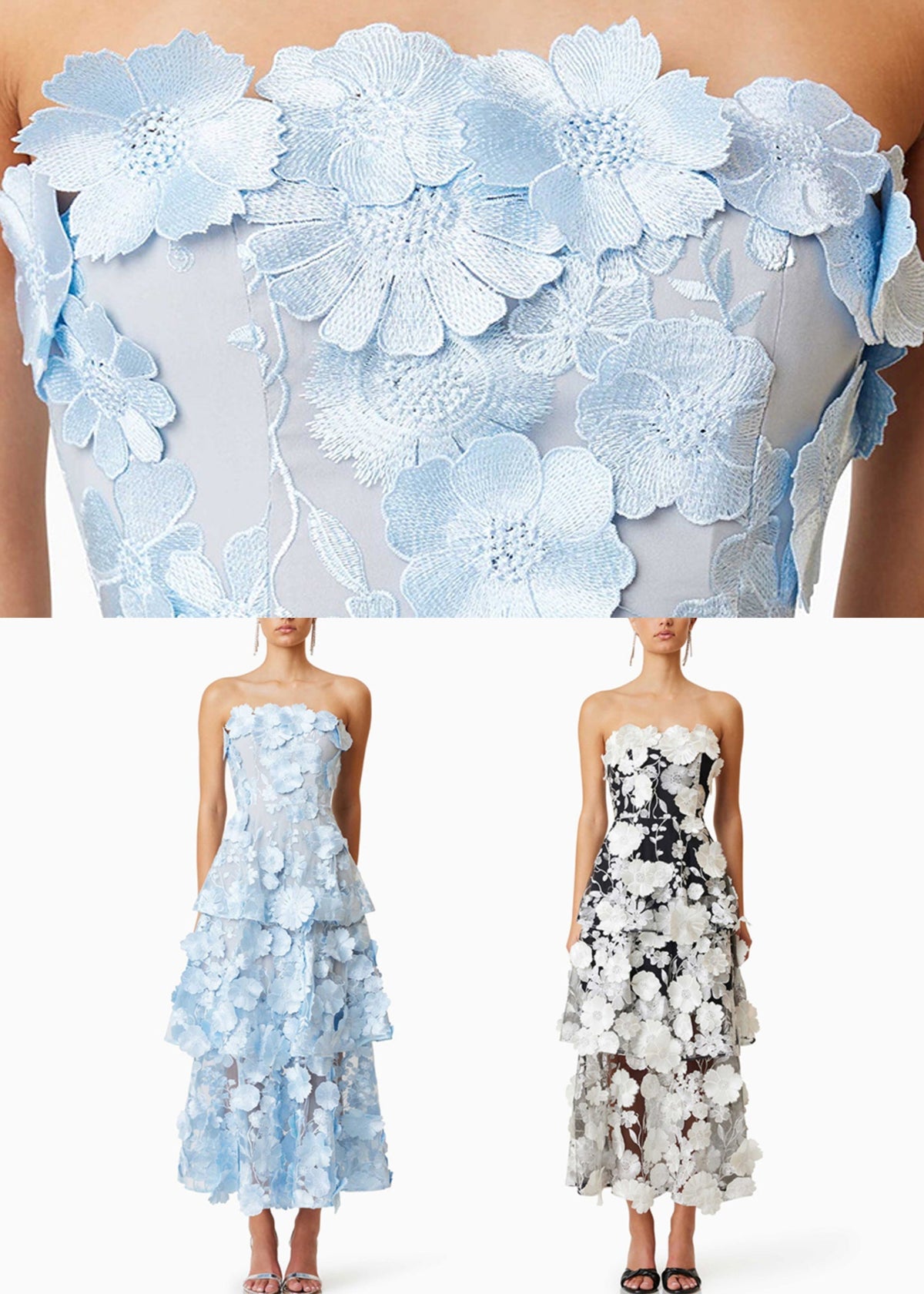 Strapless Tiered Floral Applique Midi Dress