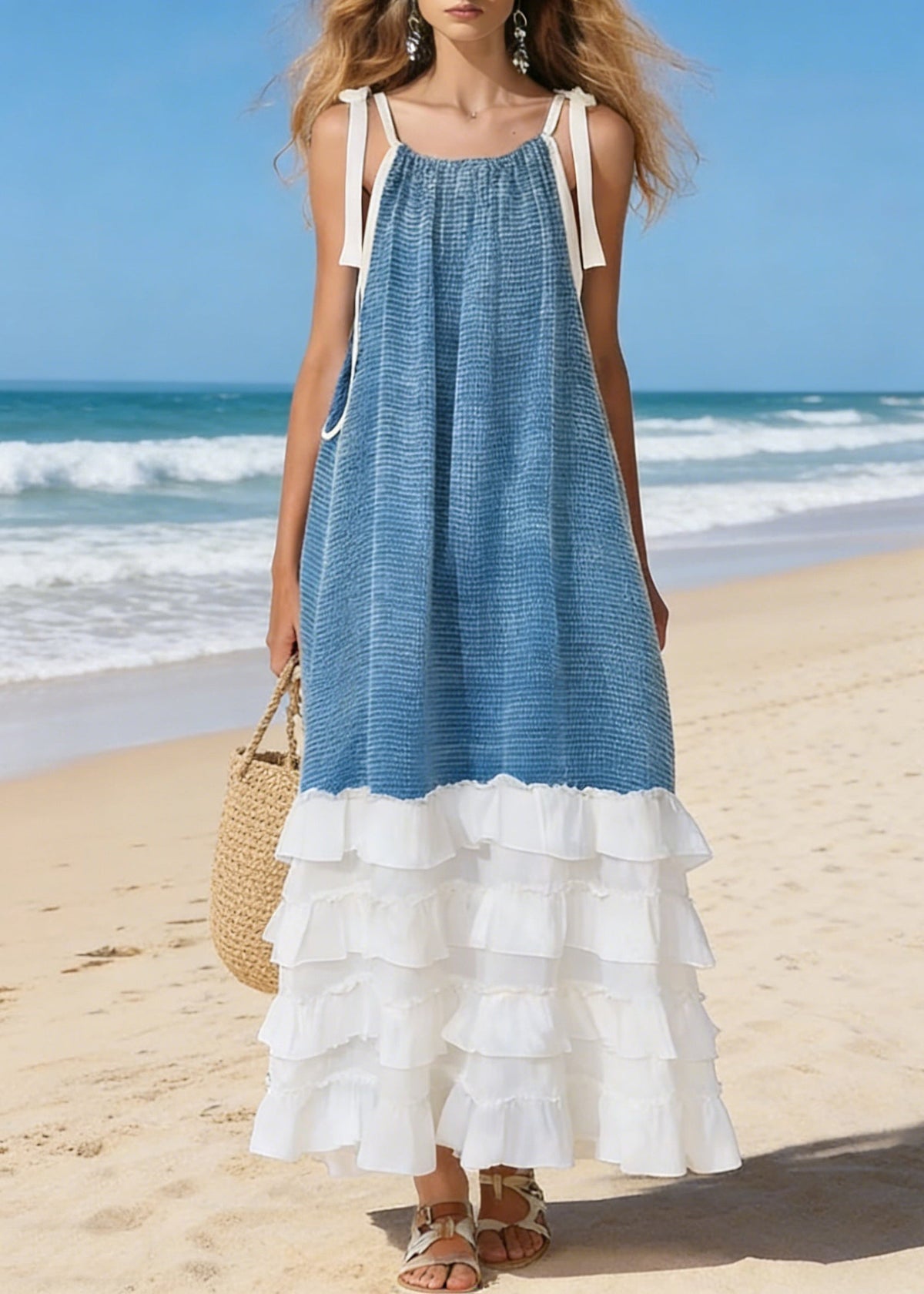 Tie Shoulder Gathered Neck Woven Bodice Tiered Ruffle Hem Maxi Dress