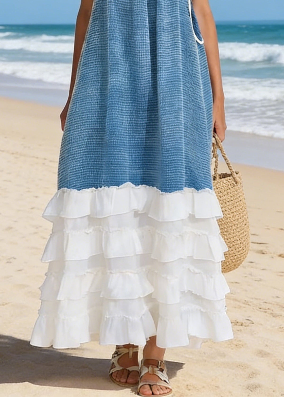 Tie Shoulder Gathered Neck Woven Bodice Tiered Ruffle Hem Maxi Dress