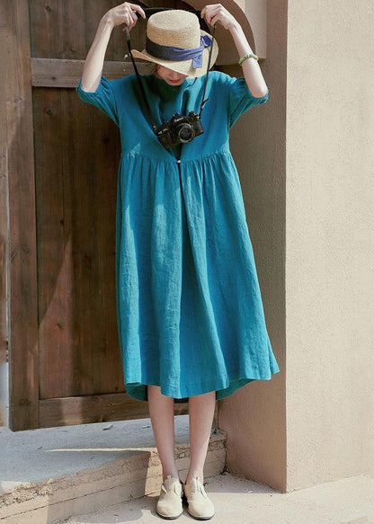 Crew Neck Empire Gathered Crinkle Linen Puff Sleeve Midi Dress