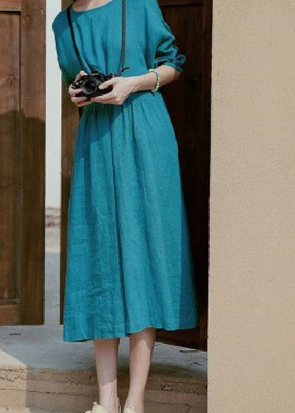 Crew Neck Empire Gathered Crinkle Linen Puff Sleeve Midi Dress