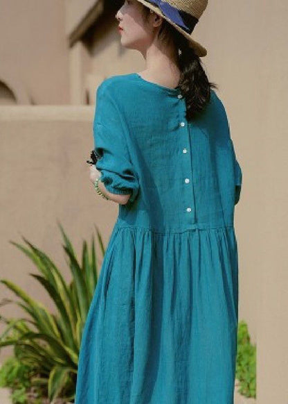 Crew Neck Empire Gathered Crinkle Linen Puff Sleeve Midi Dress
