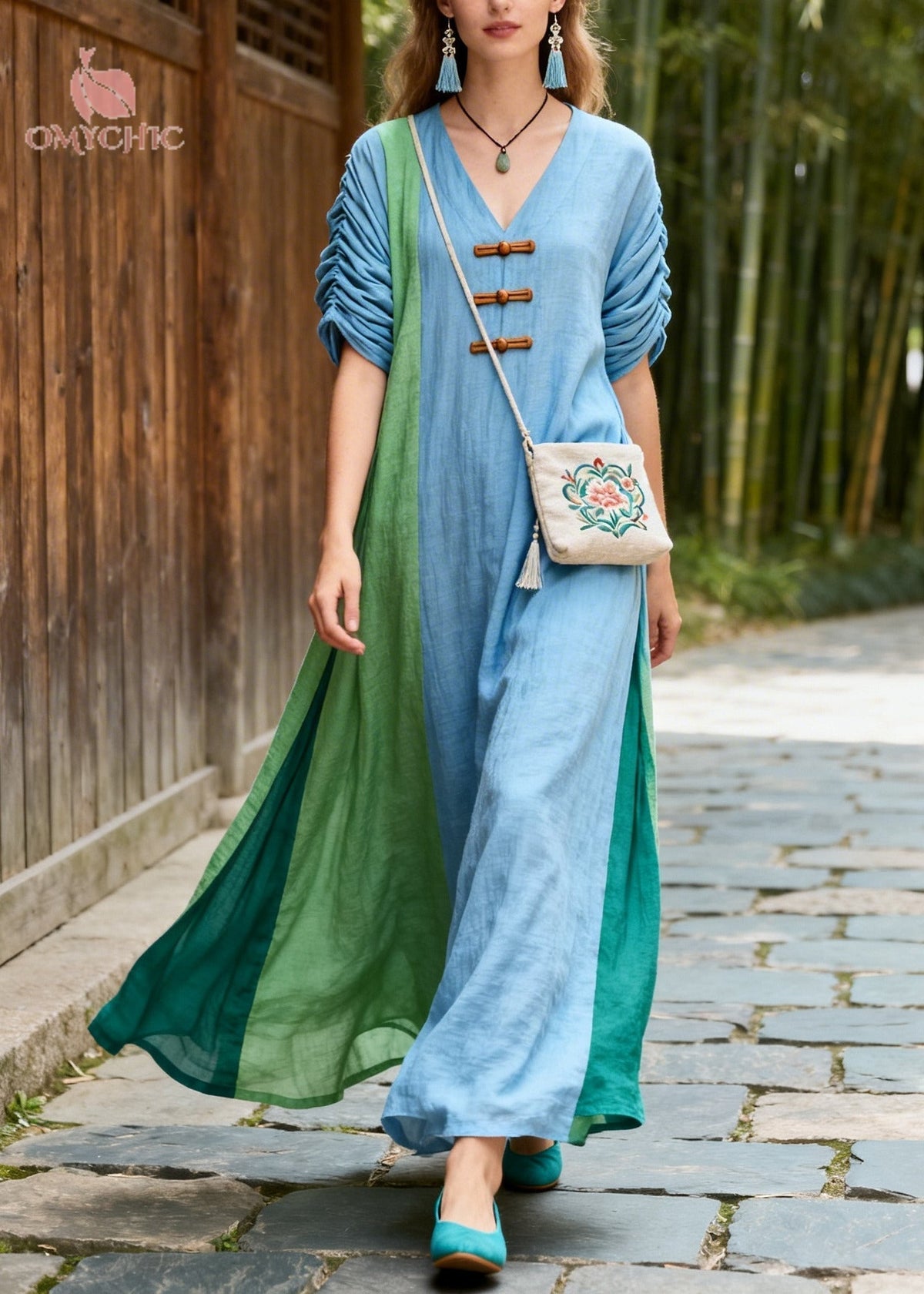 Deep V-Neck Toggle Button Ruched Puff Sleeve Colorblock Linen Maxi Dress