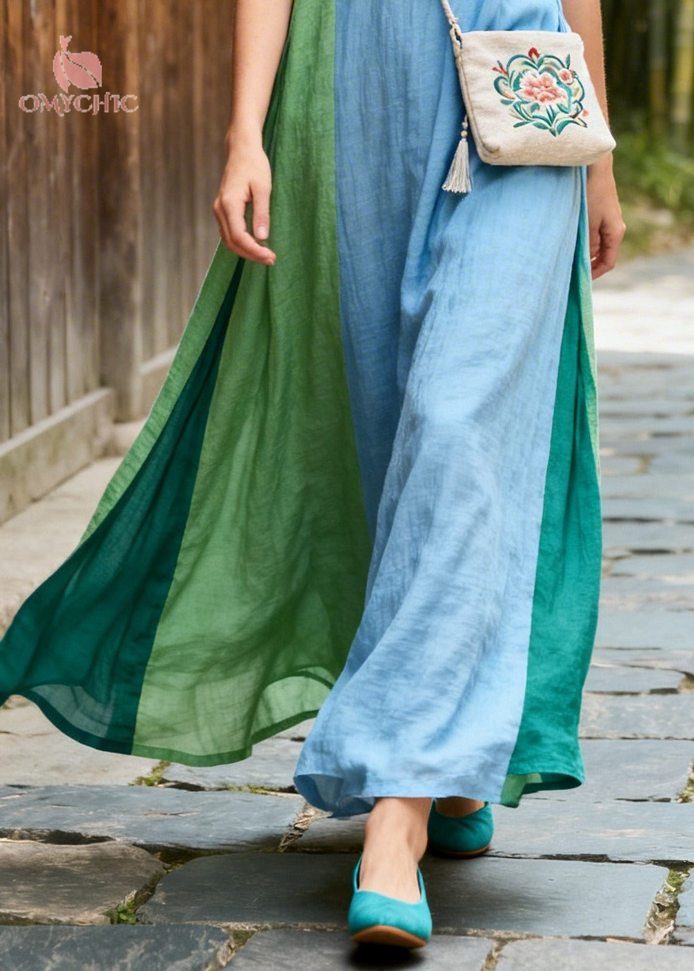 Deep V-Neck Toggle Button Ruched Puff Sleeve Colorblock Linen Maxi Dress