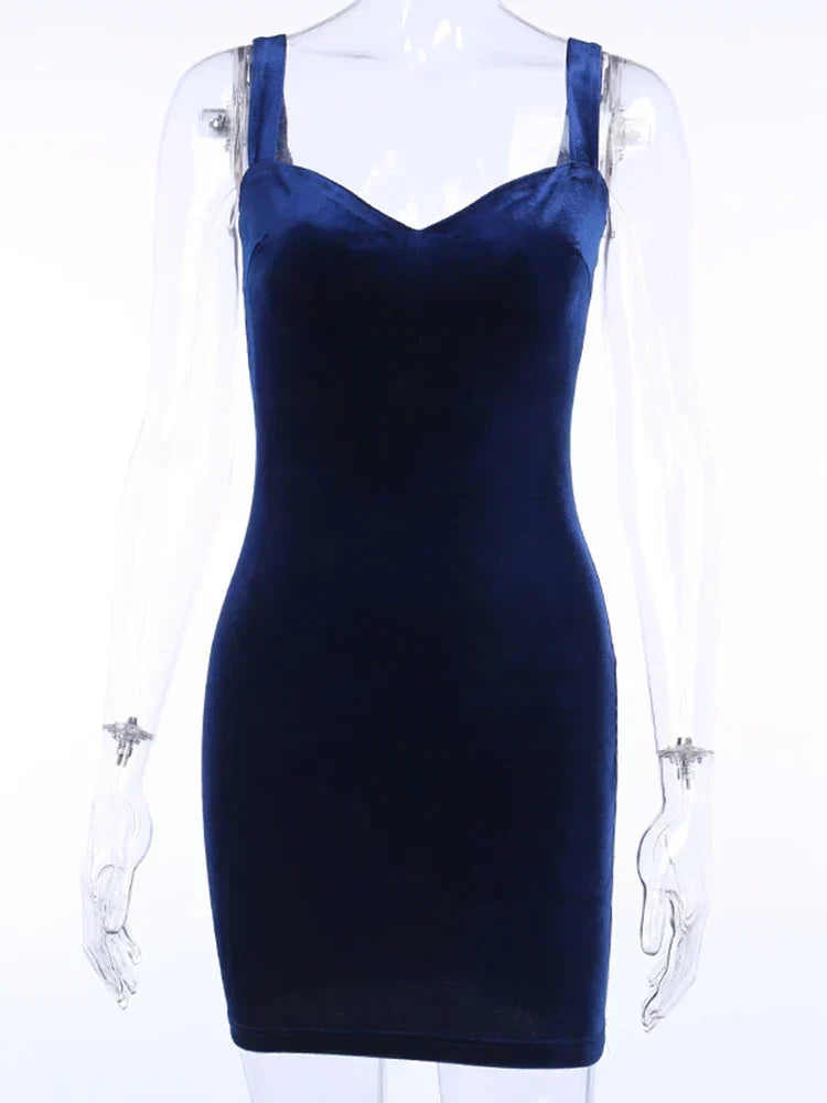 Blue V-Neck Spaghetti Strap Mini Sleeveless Skinny Soft Fashion Slim Bodycon Dress