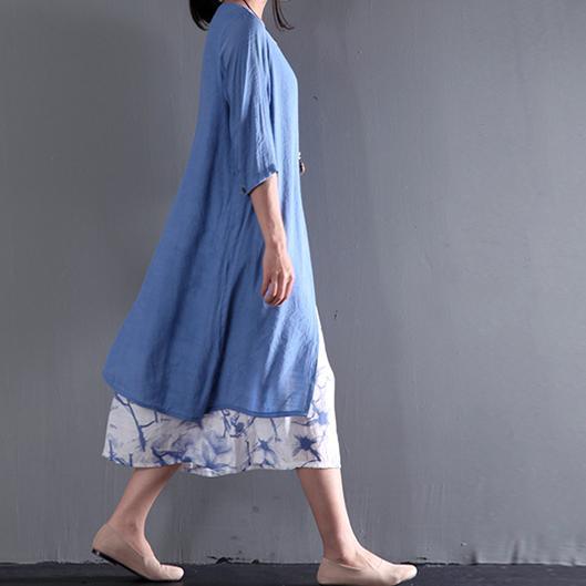 Scoop Neck Asymmetrical Layered Botanical Print Linen Midi Dress