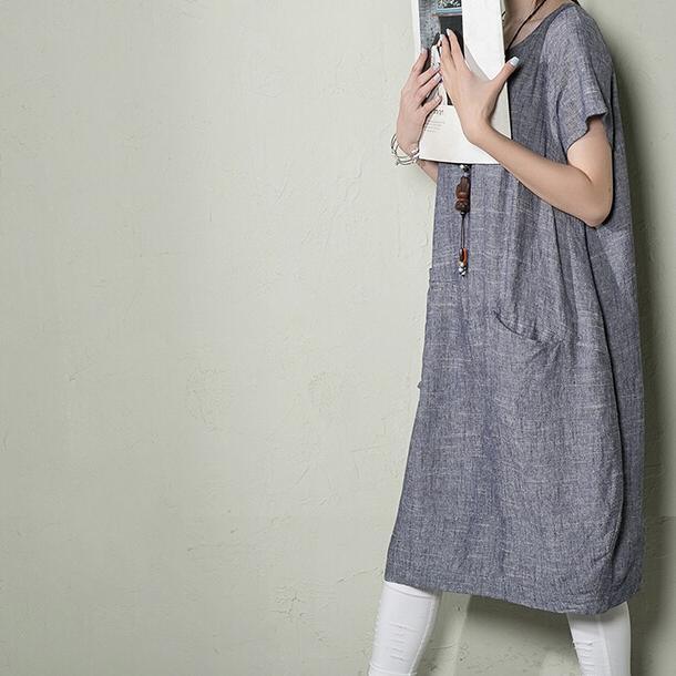 Round Neck Short Sleeve Patch Pocket Linen Midi Dress