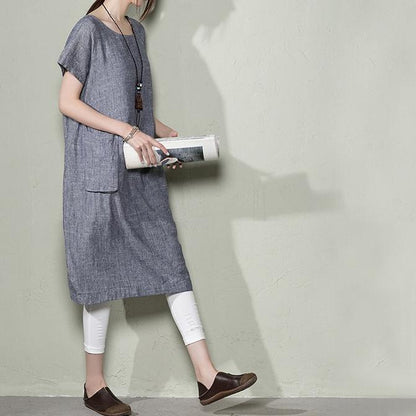 Round Neck Short Sleeve Patch Pocket Linen Midi Dress