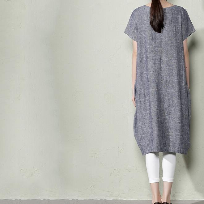 Round Neck Short Sleeve Patch Pocket Linen Midi Dress