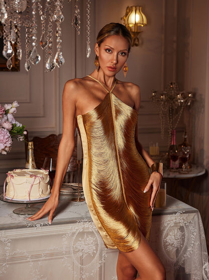 Halter Metallic Fringe Panel Satin Side Bodycon Mini Dress