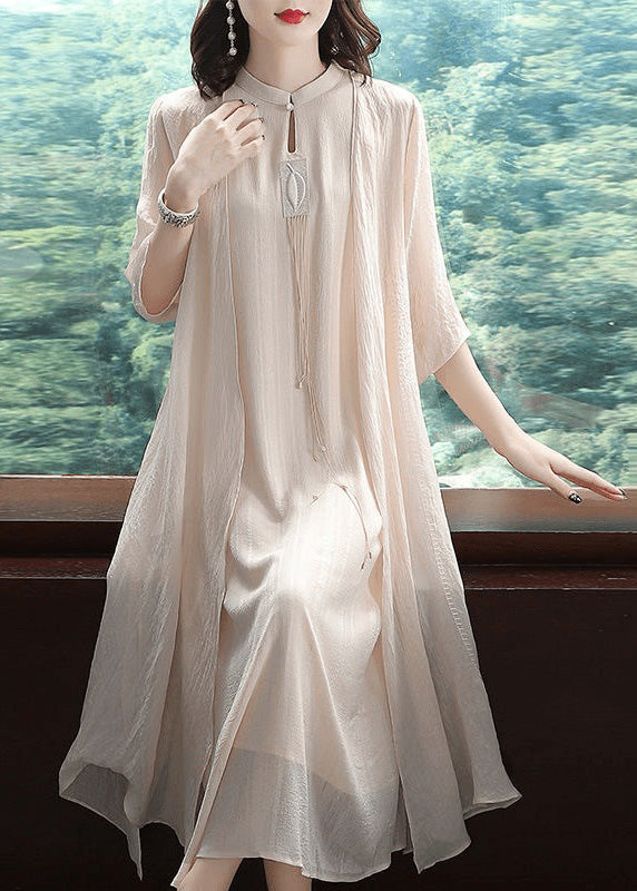 Mandarin Collar Embroidered Pendant Layered Crinkle Maxi Set