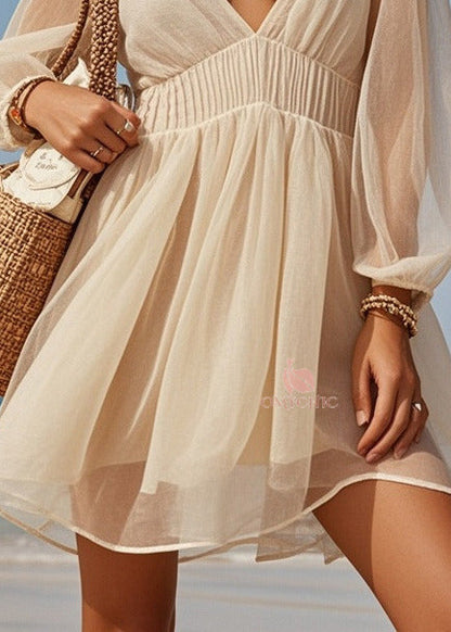 Deep V-Neck Smocked Waist Bishop Sleeve Sheer Tiered Mini Dress