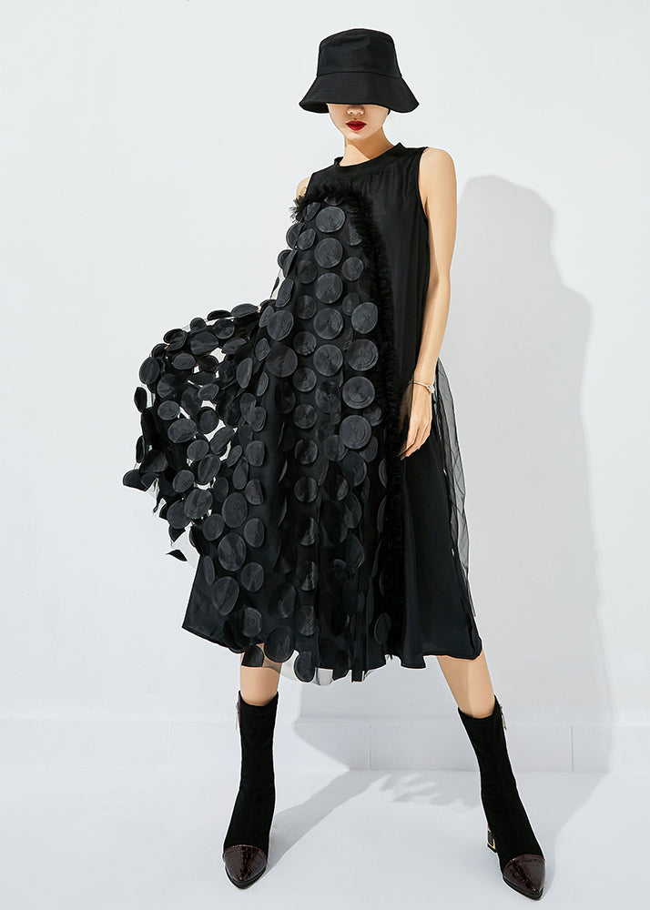 Mock Neck Sleeveless 3D Circular Applique Ruffle Trim Sheer Midi Dress