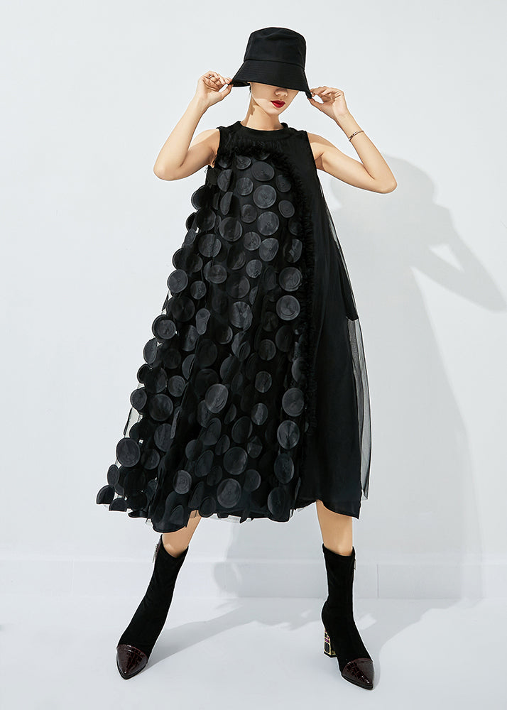 Mock Neck Sleeveless 3D Circular Applique Ruffle Trim Sheer Midi Dress