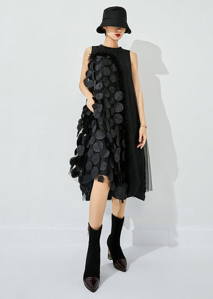 Mock Neck Sleeveless 3D Circular Applique Ruffle Trim Sheer Midi Dress