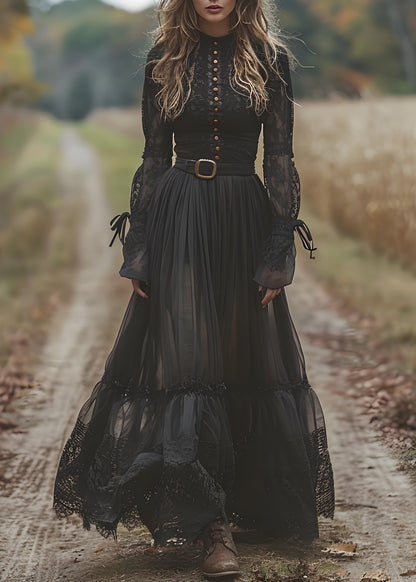 Mock Neck Lace Sleeve Tiered Pleated Belted Floor-Length Gown