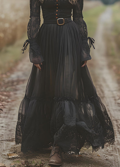 Mock Neck Lace Sleeve Tiered Pleated Belted Floor-Length Gown