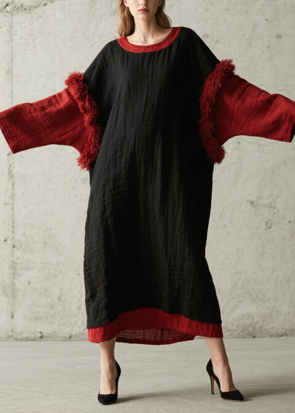 Round Neck Colorblock Faux Fur Trim Crinkle Texture Oversized Maxi Dress