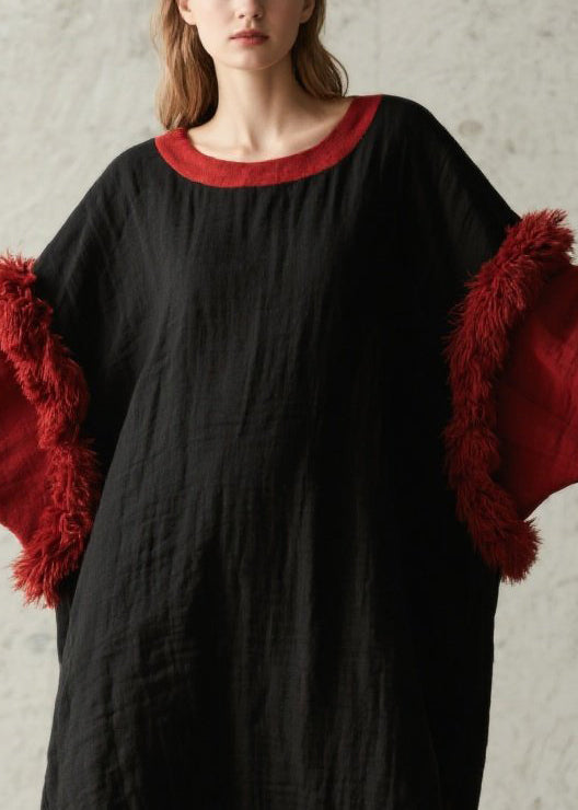 Round Neck Colorblock Faux Fur Trim Crinkle Texture Oversized Maxi Dress