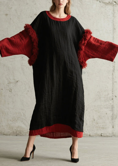 Round Neck Colorblock Faux Fur Trim Crinkle Texture Oversized Maxi Dress