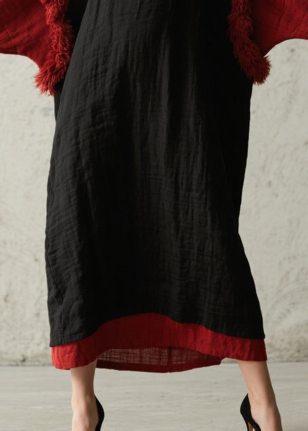 Round Neck Colorblock Faux Fur Trim Crinkle Texture Oversized Maxi Dress