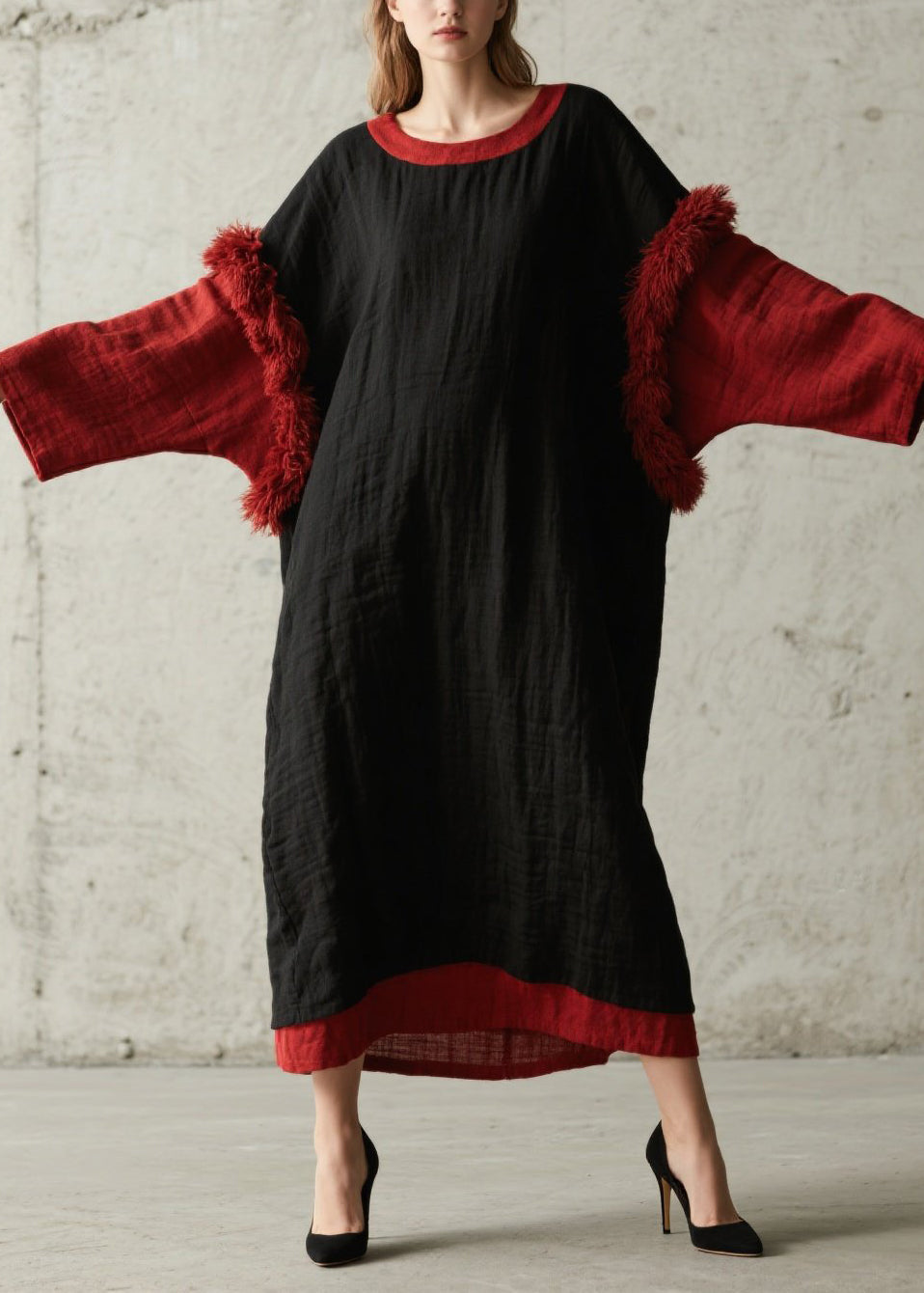 Round Neck Colorblock Faux Fur Trim Crinkle Texture Oversized Maxi Dress