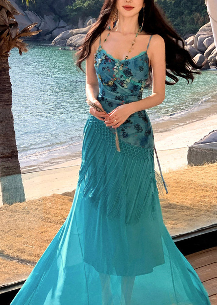 Spaghetti Strap Coin Trim Macrame Panel Fringe Tassel Floral Maxi Dress
