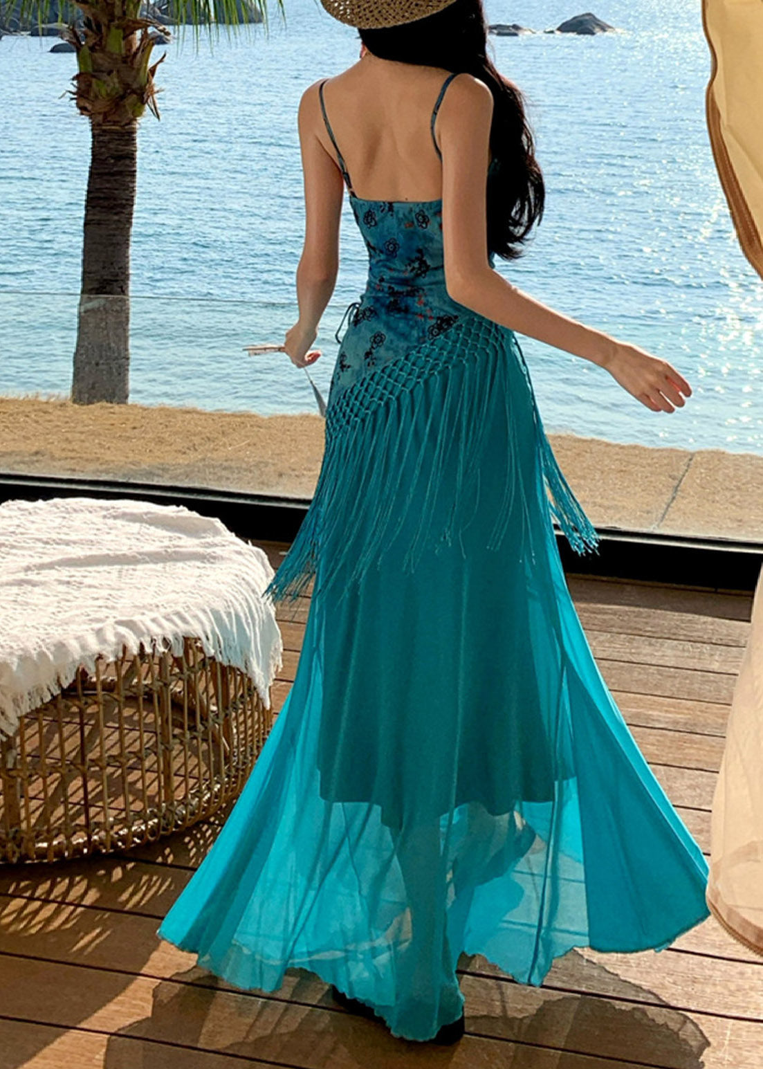 Spaghetti Strap Coin Trim Macrame Panel Fringe Tassel Floral Maxi Dress