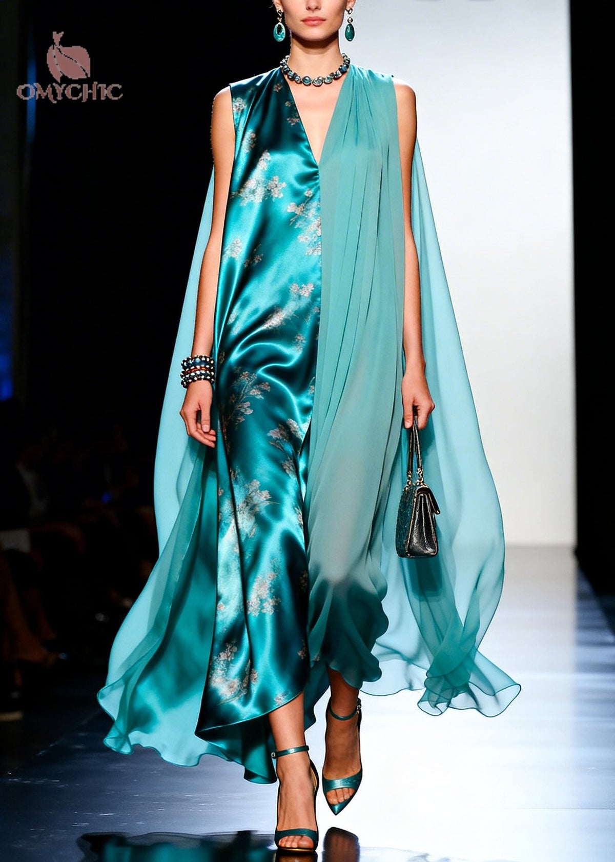 Deep V-Neck Split Panel Satin Floral Cape Overlay Maxi Gown