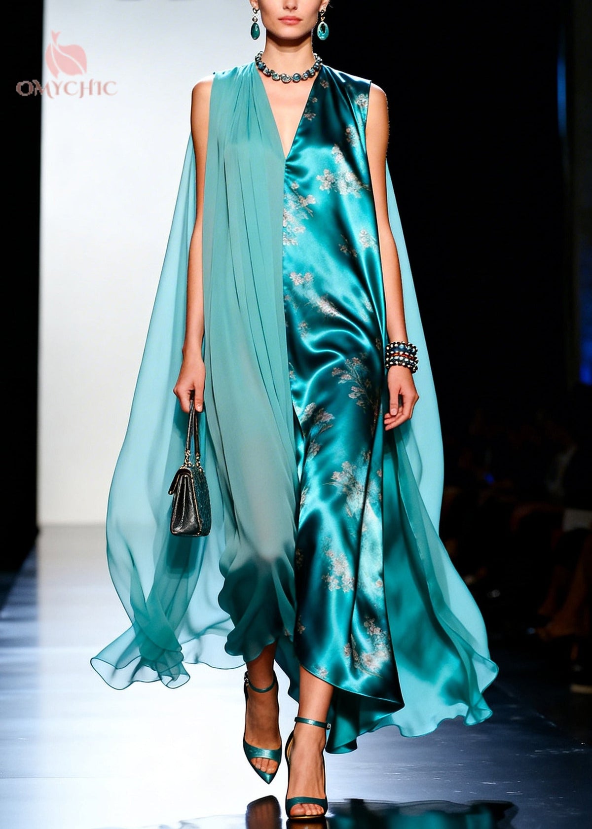Deep V-Neck Split Panel Satin Floral Cape Overlay Maxi Gown