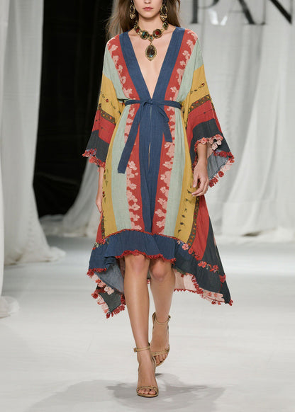 Deep V Neck Mixed Print Kimono Sleeve Tassel Fringe High Low Midi Dress
