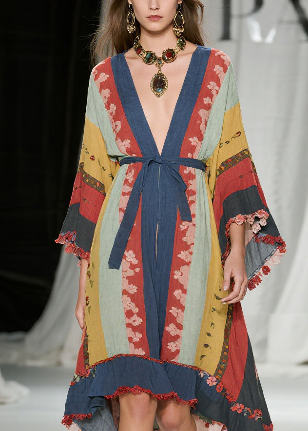 Deep V Neck Mixed Print Kimono Sleeve Tassel Fringe High Low Midi Dress