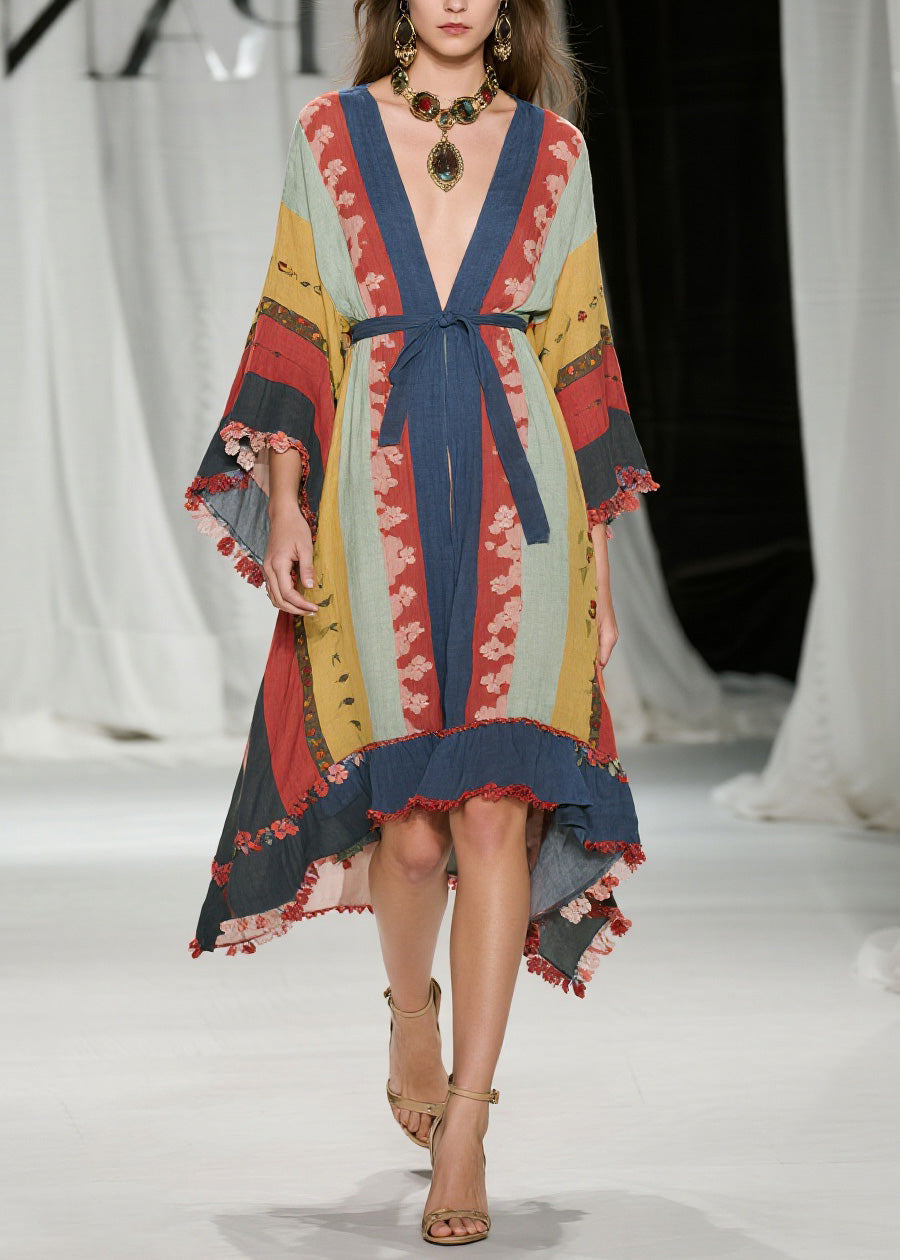Deep V Neck Mixed Print Kimono Sleeve Tassel Fringe High Low Midi Dress