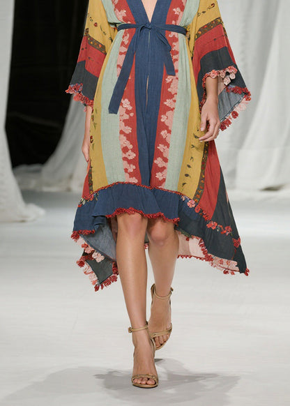 Deep V Neck Mixed Print Kimono Sleeve Tassel Fringe High Low Midi Dress